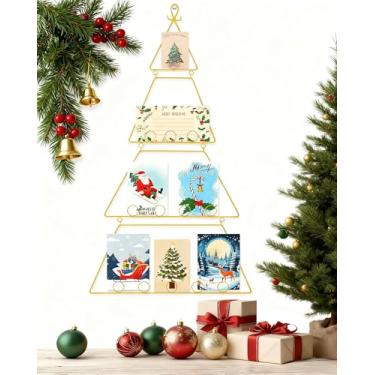 Imagem de Suzile Suporte de exibição de cartão de Natal de 76 cm, suporte de metal para cartões de Natal para pendurar fotos, fotos, parede, janela, porta, guirlanda, casa, decoração de mesa (ouro)
