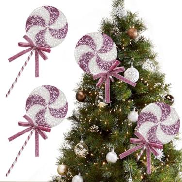 Imagem de 2 peças de enfeites de pirulito de lantejoulas, decorações de doces de Natal com glitter de dupla face vermelho e branco para decoração de árvore de Natal, artesanato em casa (rosa, 20 cm)