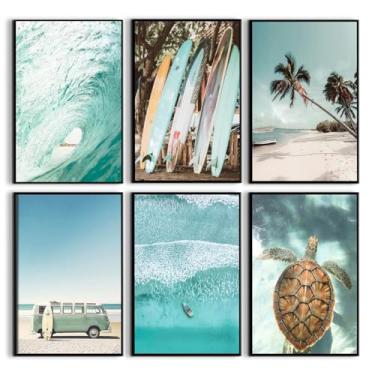 Imagem de 6 peças de arte de parede litorânea azul praia surfe decoração de parede costa cowboy menina pôster impressão de pintura estilo moderno imagem em tela para quarto de menina para sala de estar quarto