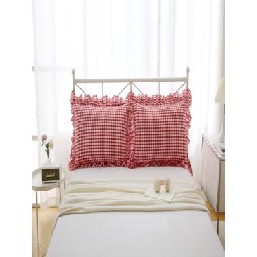 Imagem de Fronhas quadradas xadrez vermelhas brancas com babados, fronhas xadrez guingão, algodão lavado, casa de cama/sofá (45 x 45 cm, xadrez vermelho/branco) 2 unidades