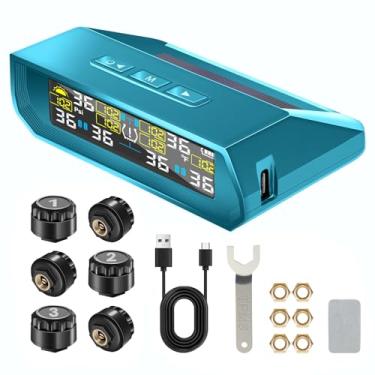 Imagem de KWANCHOO Sistema de monitoramento de pressão de pneu TPMS solar – 6 sensores externos + monitor LCD de energia dupla solar e USB – Alarme TPMS em tempo real, exibição de temperatura interior