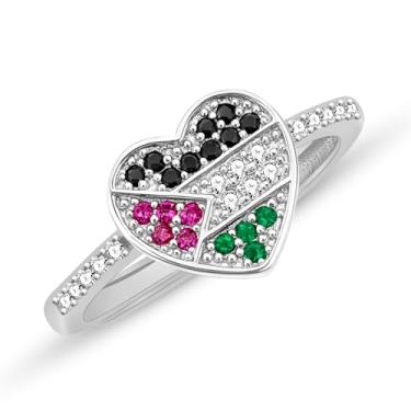 Imagem de Vivaday Anel moderno aberto ajustável com bandeira da Palestina | Joias de zircônia cúbica em forma de coração | Anéis modernos para uso diário feminino YA6339, Medium, Metal, Zircônia cúbica