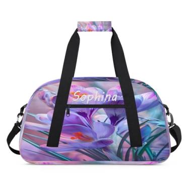 Imagem de Bolsa esportiva personalizada com orquídea floral roxa realista com nome bolsa noturna para dormir bolsa de fim de semana bolsa de treino para dança, balé, academia, ginástica, mala de viagem