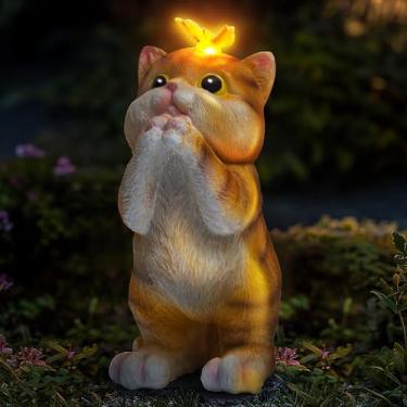 Imagem de NEBRYX Estátuas de gato para decoração de jardim solar - Estátua de decoração de gramado para pátio, varanda, ornamento de quintal - presentes exclusivos para inauguração de casa, aniversário, Natal