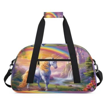 Imagem de Bolsa esportiva de animais unicórnio, castelo arco-íris, tamanho grande, impermeável, durável, dobrável, bolsa de festa do pijama, bolsa de treino para dança, balé, academia, ginástica, bolsa de