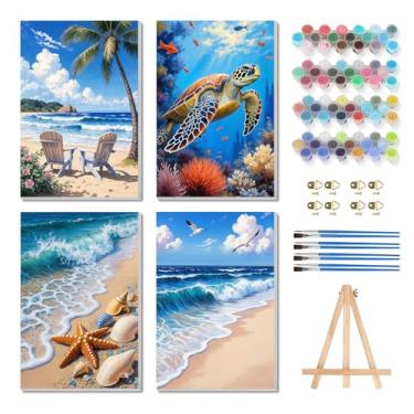 Imagem de Bgpunt Pacote com 4 tintas por números para adultos com moldura, pintura de praia por número em tela, kits de pintura a óleo acrílica DIY tartaruga marinha artesanato para adultos decoração de parede