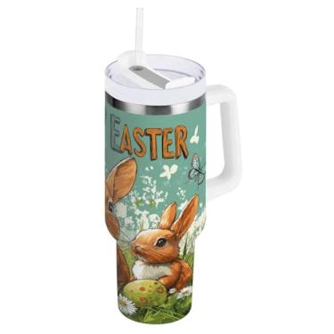 Imagem de ATTX Copo de coelho da Páscoa de 1,134 g com alça, copo de aço inoxidável a vácuo de parede dupla com palha, caneca de café de viagem isolada #68