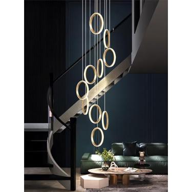 Imagem de Lustre LED moderno, lustre grande para hall de entrada, 15 anéis de alumínio, luminária pendente dimerizável para teto alto com controle remoto, altura ajustável, luminária suspensa para esc