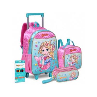 Imagem de Kit Mochila Sereia Escolar Rodinha Lancheira Estojo Meninas - KT-SR245