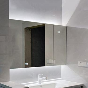 Imagem de SPXMQSS Armário de espelho de LED, armário de espelho de banheiro luz ambiente de desembaçamento inteligente com orifício de papel conveniente armários de banheiro com luzes 2 portas com preto