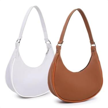 Imagem de kit 2 Bolsas Feminina Meia Lua, Pequena, Tecido Leve, 20x24x4 cm, Ideal para Festas e Uso Diário, Compartimento para Celular, Chaves e Maquiagem (Branco e Marrom)