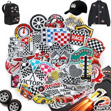 Imagem de Meneng Remendos de ferro para fãs de corrida: 36 peças de emblema bordado de bandeira quadriculada de carro de corrida - apliques de costura dinâmica de corrida para roupas faça você mesmo mochila