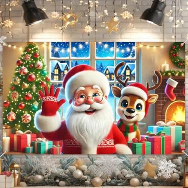 Imagem de BlissYard Pano de fundo de Natal Papai Noel Rena Presentes Lareira 188 x 109 cm Banner de Fundo Fotográfico para Decorações de Festa de Inverno Evento Aconchegante Decoração de Casa Grande Suporte de
