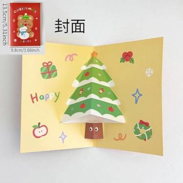 Imagem de Cartão vermelho pop-up de árvore de Natal com boneco de neve e urso, cartão festivo fofo com tema de animal de estimação com envelope, decoração de Natal