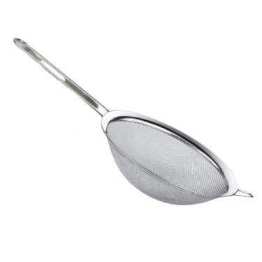Imagem de Peneira de Cozinha em Aço Inox, 12cm de Diâmetro, 25cm de Altura, Malha Fina, com Cabo Longo e Apoio Lateral, 45g