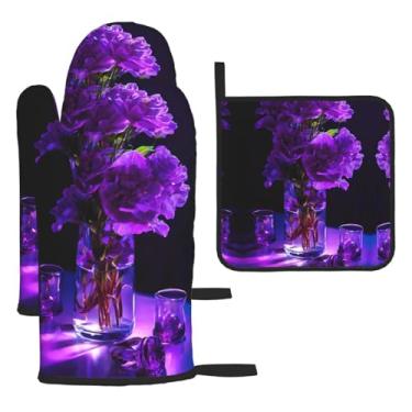 Imagem de Flor roxa – Conjunto essencial de cozinha com 3 peças, luvas seguras para calor e aderência de tampa, proteção para churrasco no forno, design de armazenamento suspenso.