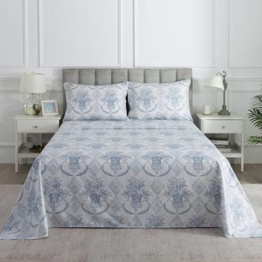 Imagem de Puralens Jogo de lençóis boêmios florais azul-cinza, 100% algodão, percal creme, branco, vintage, flor gasta, chique, lençol de cama aconchegante, para casa, macio, crisp, luxuoso, 4 peças