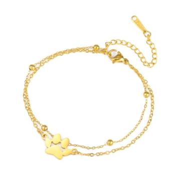 Imagem de Linda pulseira de corrente de elos em camadas com estampas de patas para mulheres e homens, aço inoxidável, polido, simples, ajustável, berloque, pulseira, tornozelo, joias, presentes para animais de