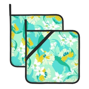 Imagem de Conjunto de tapetes quadrados resistentes ao calor com estampa de plantas tropicais, 2 tapetes antiderrapantes com alças para pendurar, para proteção de balcão de cozinha e mesa de jantar.