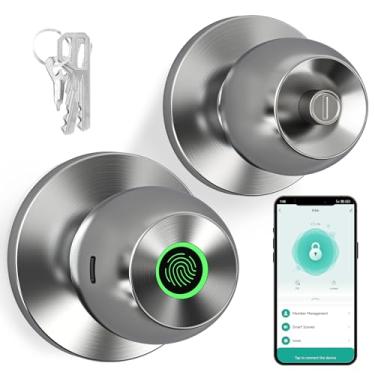 Imagem de 52HZ Fechadura de porta inteligente com impressão digital, maçaneta de porta de impressão digital 3 em 1 com controle e chave de aplicativo Tuya, trava automática, fechadura de porta de entrada sem