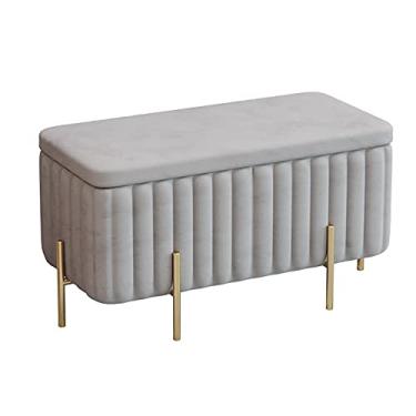Imagem de FAMEOYA Luxuoso banco otomano de armazenamento de veludo com pés de metal, apoio para os pés otomano estofado contemporâneo, banco de armazenamento macio para quarto banco de armazenamento de cama