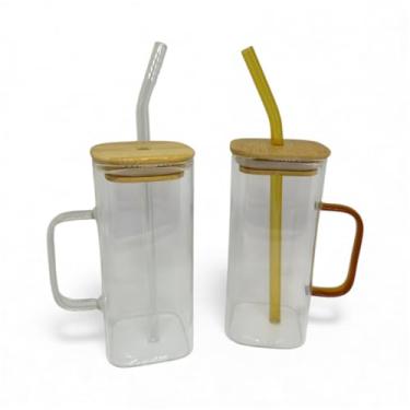 Imagem de Caneca de Vidro com Tampa de Bambu, 350ml, Alça Anatômica de Vidro, Canudo de Vidro, Design Moderno, Para Bebidas Quentes, Transparente - MBB Shop Mix (Transparente Ou Âmbar)