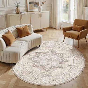 Imagem de Micgeek Tapete redondo de 1,8 m: tapete lavável vintage neutro macio antiderrapante grande para sala de estar, quarto, cozinha, sala de jantar, casa, escritório, casa de fazenda, interior - marrom