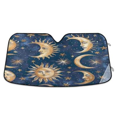 Imagem de Qilmy Para-brisa de carro estilo retrô sol e lua, protetor de viseira dobrável, mantém o frescor bloqueia raios UV e acessórios para proteger carros, SUVs, caminhões-M71