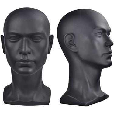 Imagem de Ba Sha Cabeça de manequim de PVC preto masculino boneca suporte modelo exibição chapéu cachecol perucas cabelo óculos chapéu ferramenta de estilo de beleza com orifício de montagem