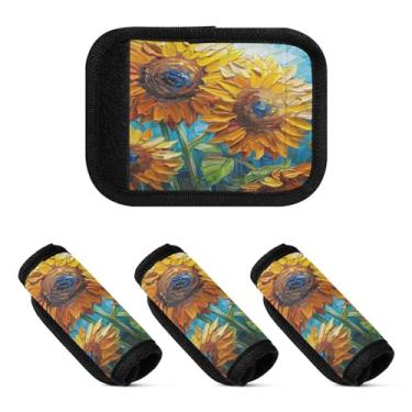 Imagem de Qilmy Brilhantes Girassóis Bagagem Handle Wrap Pacote com 4 Identificadores de Bagagem Identificadores de Bagagem Alça Confortável Capa para Carrinho de Viagem Bolsa Mala de Viagem Avião Acessórios de