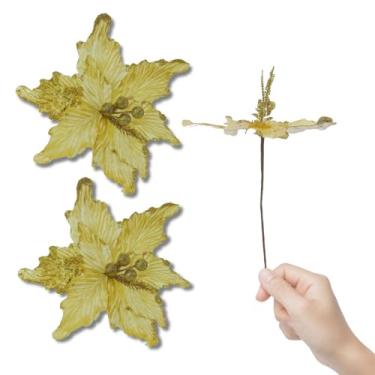 Imagem de 2 Flores, Artificiais Realistas | Decoração Natalina 40cm Douradas com Glitter | para Árvore de Natal, pinheiro, mesa, ceia de Natal, Enfeite de aniversário, casamento e Festas de Final de Ano