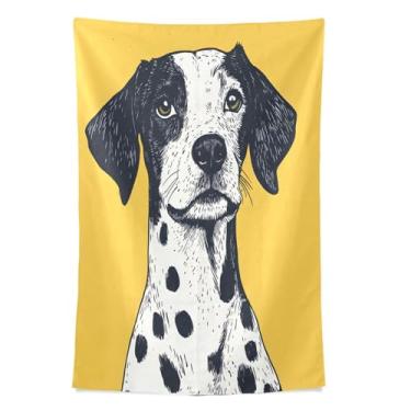 Imagem de STAYTOP Tapeçaria de parede de cachorro manchado com fundo amarelo tapeçaria para decoração de casa dormitório sala de estar quarto tapete de parede (60 × 51 polegadas)