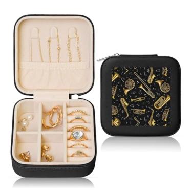 Imagem de Caixa de joias quadrada com impressão de instrumentos musicais, estojo de armazenamento portátil para anéis femininos, brincos, colares