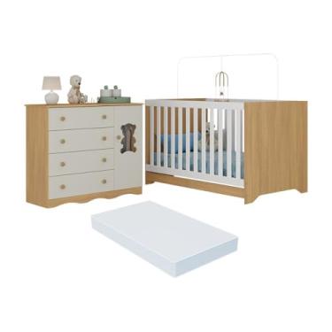Imagem de Berço Americano 3 em 1 com Colchão Incluso e Cômoda 1 Porta 4 Gavetas Doçura Multimóveis Mp4733 Madeirado/off White