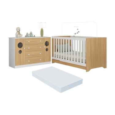 Imagem de Berço Americano 3 em 1 com Colchão Incluso e Cômoda 2 Portas 4 Gavetas Pirulito Multimóveis Mp4719 Branco/madeirado