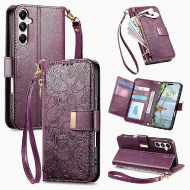 Imagem de Monwutong Carteira com zíper para Samsung Galaxy A15, capa de couro com estampa de flores com compartimentos para cartão múltiplo e bolsa de mão com fecho magnético duplo para Samsung A15 5G/4G, HY