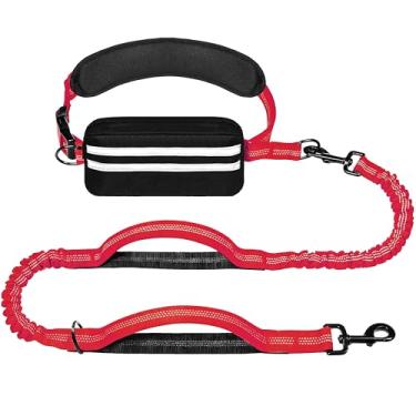 Imagem de LIEVUIKEN Coleira para cães mãos livres com bolsa com zíper, correia de corrida para passear com cães, cinto ajustável para cães grandes, design elástico reflexivo com duas alças para caminhadas