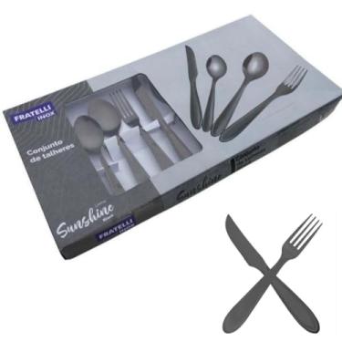 Imagem de Faqueiro em Aço Inox, 24 Peças, Preto, Inclui Garfos, Facas de Churrasco, Colheres de Mesa e Chá