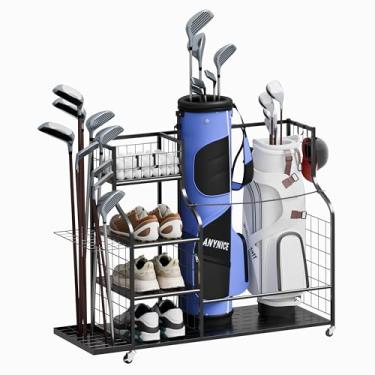 Imagem de ANYNICE Organizador de armazenamento de saco de golfe com rodas, rack de equipamento de golfe de garagem para 2 bolsas de golfe, tacos, sapatos e acessórios – Suporte de armazenamento de saco de golfe
