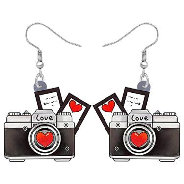 Imagem de RAIDIN Lindos brincos de gancho de acrílico para o Dia dos Namorados para mulheres, fita cassete de TV com jukebox e coração, joias para presentes, pingentes de festa (cinza)