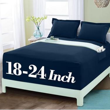 Imagem de Mocassi Lençol com elástico luxuoso 1800 de qualidade premium de hotel – Ultramacio, microfibra resistente a vincos, bolso extra profundo de 45 a 60 cm, lençol com elástico, King, azul marinho