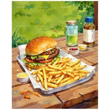Imagem de Kit de pintura por números de fast food divertido para adultos – Pintura DIY de hambúrguer e batatas fritas em tela, 40,6 x 50,8 cm, conjunto de tinta acrílica, adequado para iniciantes, ideal para