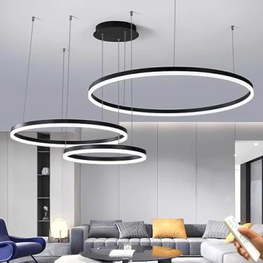 Imagem de Luminária de teto LED moderna com 3 anéis, pendente de 45W e 3600LM, instalação distribuída, dimerizável com controle remoto, lustre LED redondo de metal para sala de estar, quartos e escrit