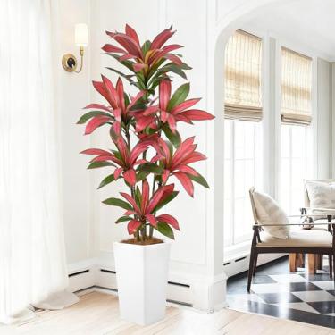 Imagem de Árvore Dracaena artificial de 1,82 m – Árvore Dracaena sintética de 182 cm com vaso branco, tronco realista e folhagens vermelhas realistas, planta tropical alta em vaso para casa, escritório, sala de