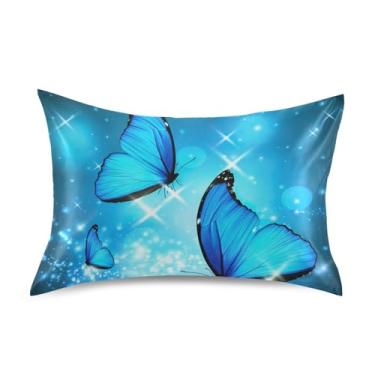 Imagem de Fronhas engraçadas fofas borboletas azuis cetim resfriamento padrão king queen travesseiro impressão arte almofada cuidados com a pele tamanho queen 76.2 cm x 50.8 cm