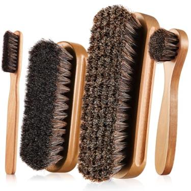 Imagem de Kit de 4 pincéis de sapatos de crina de cavalo, aplicadores de polimento, de couro, botas, escovas de cuidados, escova de limpeza de camurça com pano de sapato de microfibra (estilo de madeira A)
