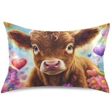 Imagem de Linda capa de almofada de cetim floral de vaca Highland para resfriamento de cabelo, capa de travesseiro padrão King Queen, arte colorida para pele acne, tamanho Queen, 76 cm x 50 cm