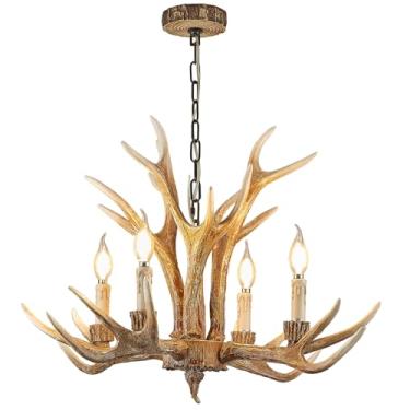 Imagem de Lustre chifre 4 luzes, vintage rústico fazenda marrom estilo art déco iluminação de teto, compatível com base E12, perfeito para sala de estar, sala de jantar, quarto (4 braços de lâmpada + 3 braços)