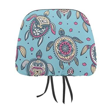 Imagem de Tartaruga marinha étnica tribal colorida sem costura em turquesa 2 peças capas protetoras de encosto de cabeça para assento de carro universal, capa macia para encosto de cabeça de carro, acessórios