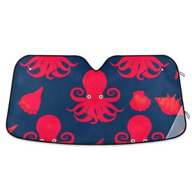 Imagem de Conchas de polvo vermelhas personalizadas sombra de sol azul marinho para para-brisa de carro protetor solar dobrável fofo para para-brisa dianteiro de carro impressões de animais P, 134,6 cm x 59,7